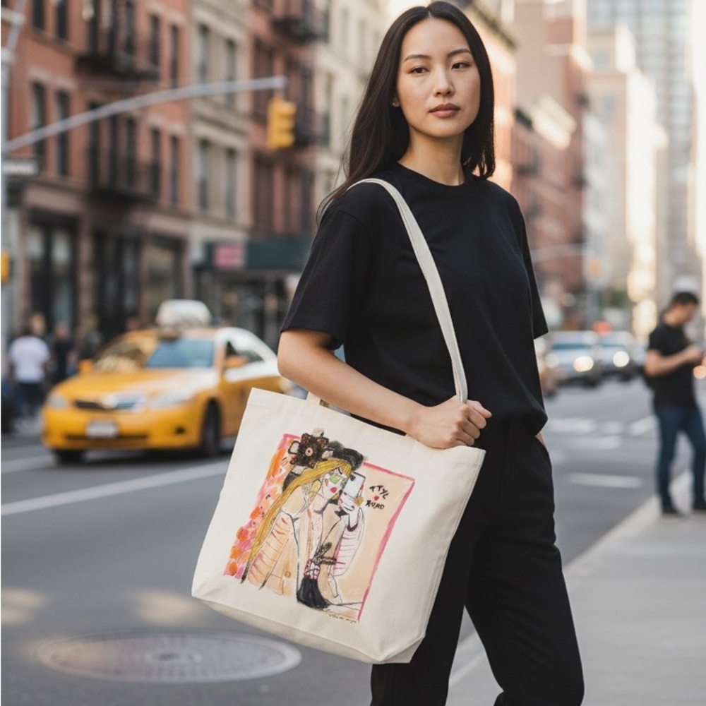 3D Canvas Tote Bag with Illustrated Fashion Artwork - Cream